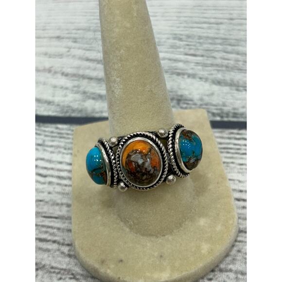 BBJ 925 Sterling Silver Spiny Oyster Turquoise 3-Stone Southwestern Ring Sz 8 - Picture 4 of 10